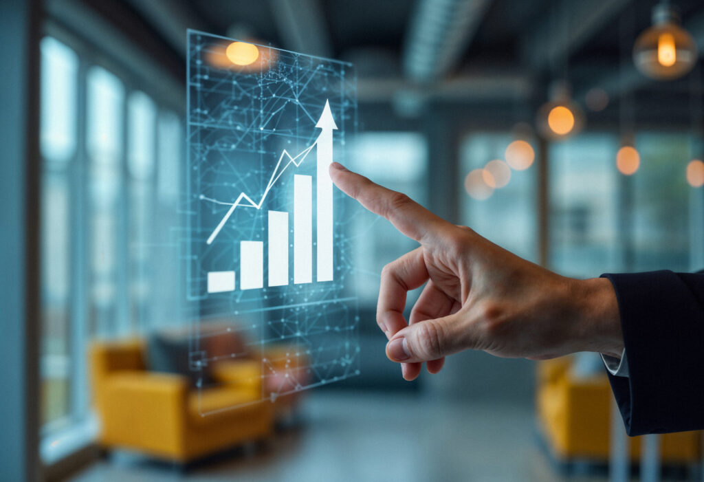 pessoa de negocios apontando para um grafico financeiro crescente